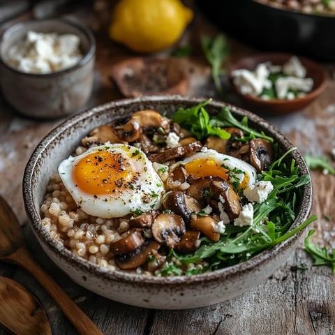 Bol d'orge aux champignons et œuf poché
