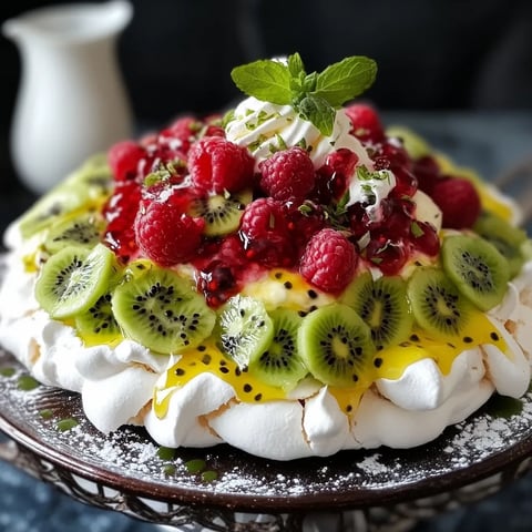 Pavlova framboise kiwi et ganache passion - Dessert élégant