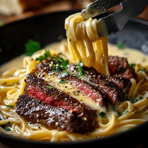 Nouilles crémeuses steak beurre d'ail