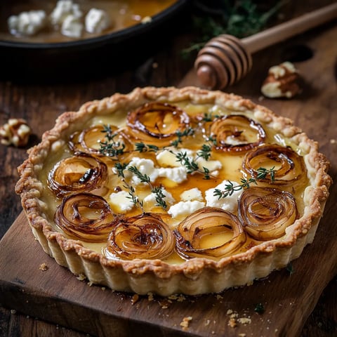 Tarte aux oignons, fromage de chèvre, miel & thym