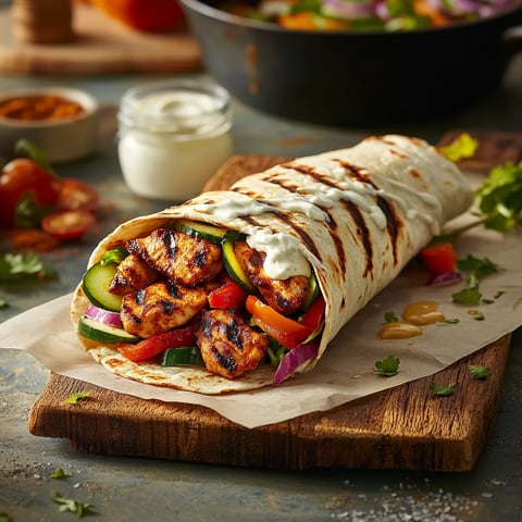 Un wrap au poulet kebab et aux légumes rôtis à croquer