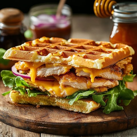 Gaufre Salée au Poulet Mariné et Cheddar