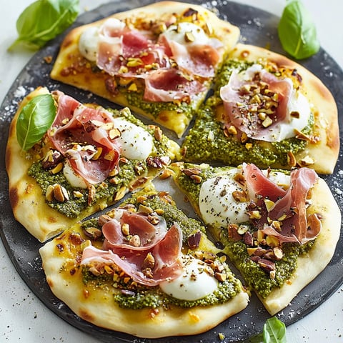 Pizzas pesto pistaches prosciutto