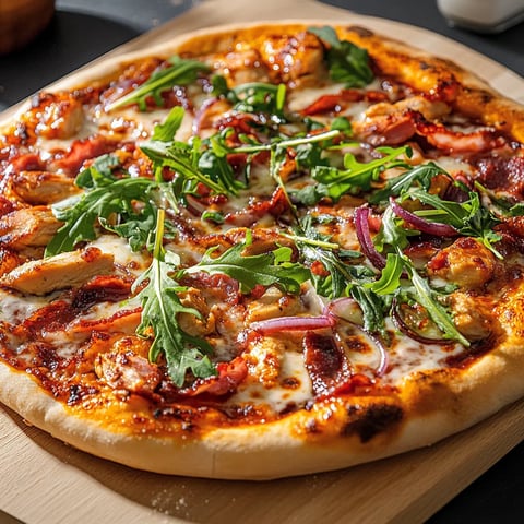 pizza au poulet barbecue avec sauce maison, poulet effiloché et bacon croustillant.