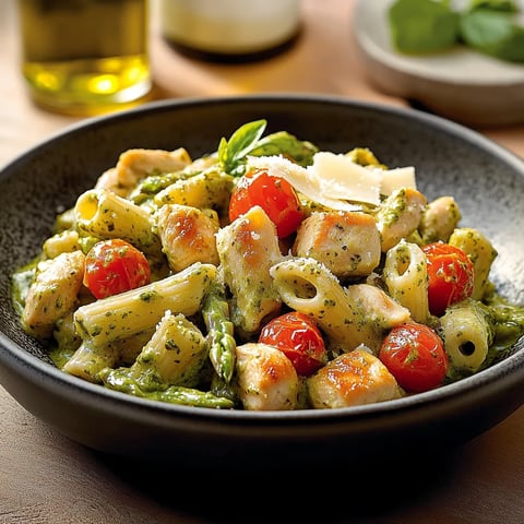 Macaroni crémeux au poulet et pesto