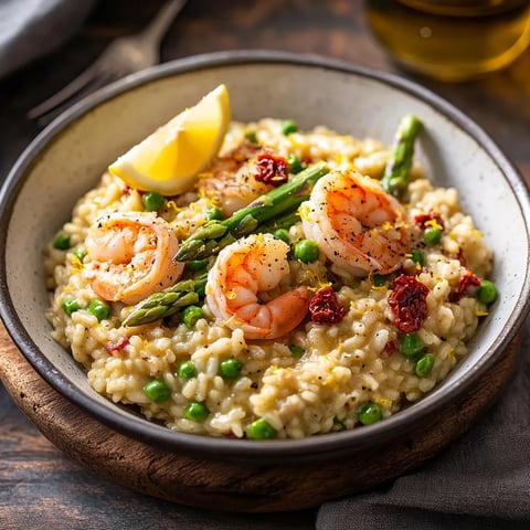 Risotto aux crevettes, parmesan, asperges & citron