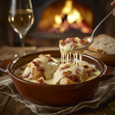 Poulet au Reblochon et pancetta grillée