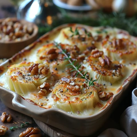 Gratin d'endives au roquefort et noix doré et fumant