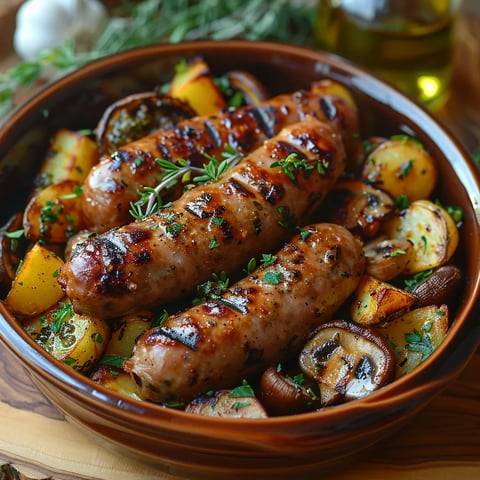 Saucisses aux Pommes de Terre et Champignons au Four - Plat complet
