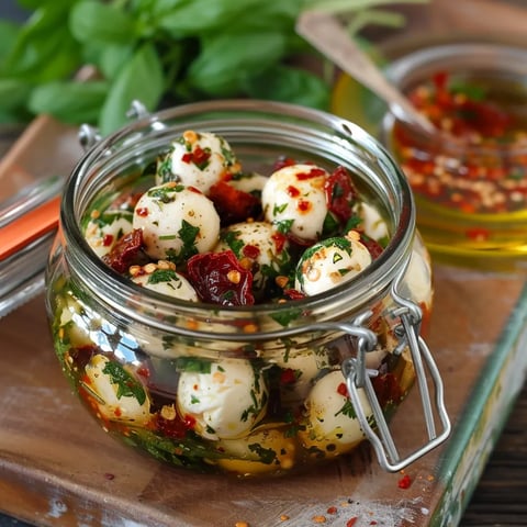 Délicieuses billes de mozzarella marinées aux herbes fraîches et tomates confites