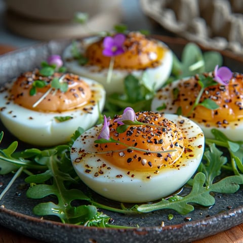 Œuf mayonnaise revisité avec ail noir, graines germées