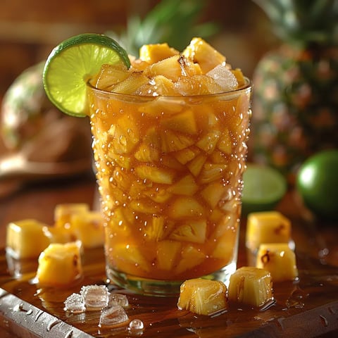 Délicieux jus d'ananas au citron vert, riche en vitamine C et enzymes.