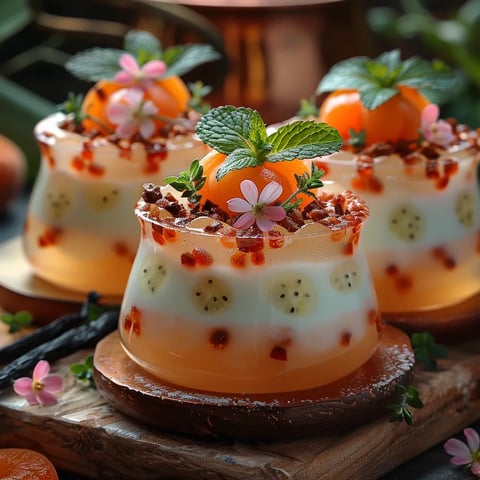 Panna cotta aux abricots sophistiquée avec gelée de menthe et couche vanille