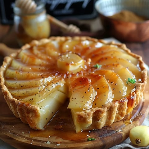 Tarte aux poires pochées au gingembre et à la vanille