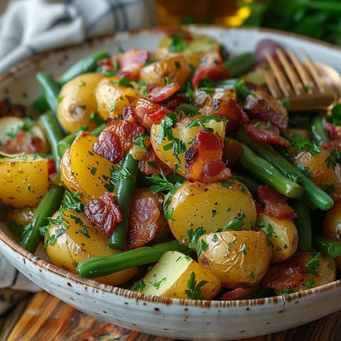 salade tiède pommes de terre avec haricots verts, lardons et vinaigrette à la moutarde