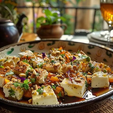 Poêlée audacieuse d'aubergines et nectarines au basilic, fromage de chèvre et amandes