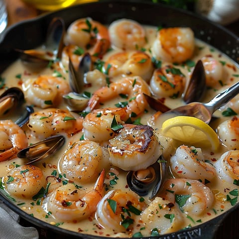 A bowl of shrimp with lemon and herbs.