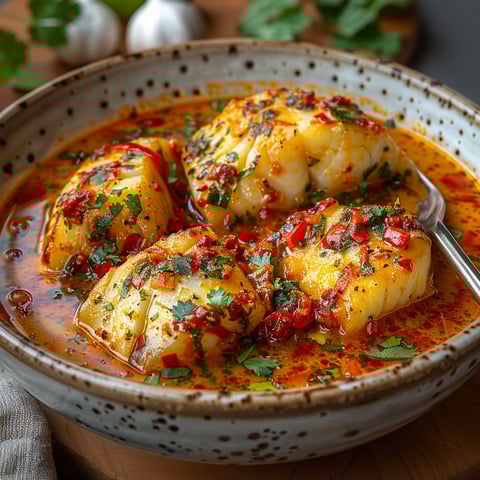 A bowl of moqueca baiana with fish.