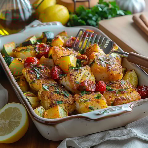 A dish of fish with vegetables and lemon.