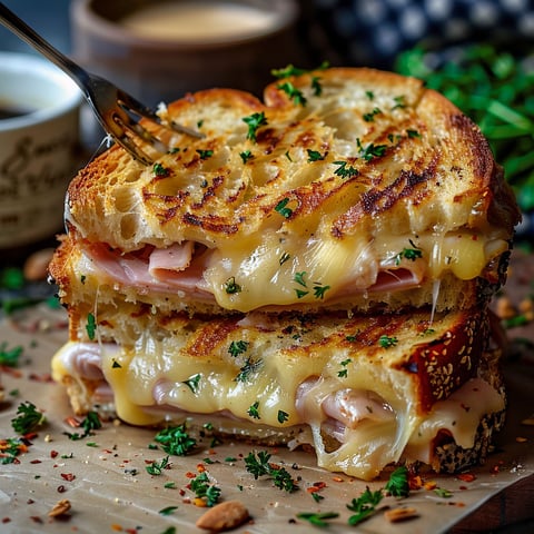 A croque-monsieur sandwich with cheese and ham.