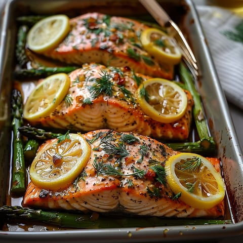 A pan of salmon with lemon slices on top.