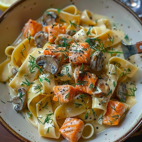 A bowl of pasta with mushrooms and salmon.
