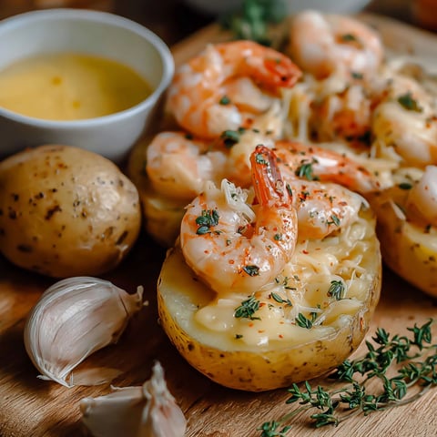 A plate of shrimp and potatoes.