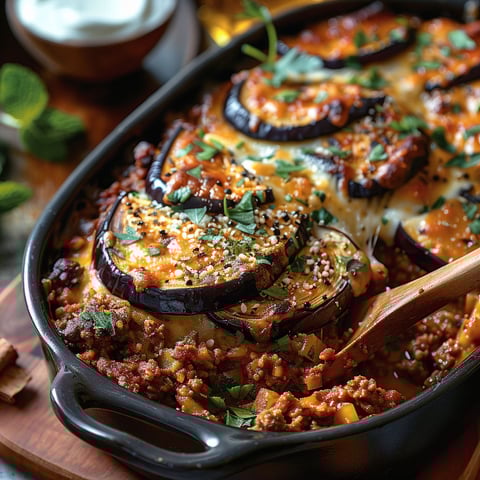 A dish of moussaka with aubergines and parmesan cheese.