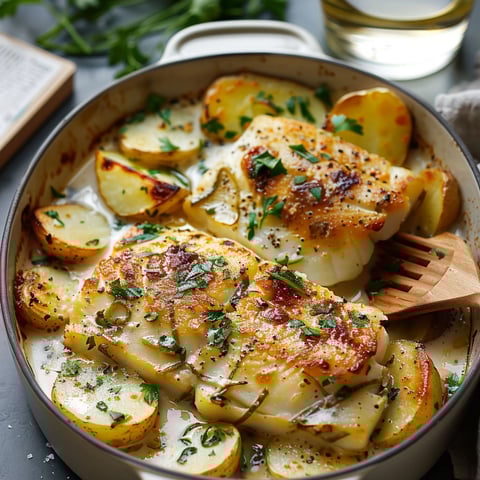 A casserole dish filled with chicken, potatoes, and herbs.