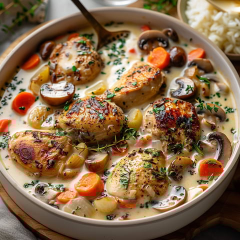 A bowl of chicken and vegetables.