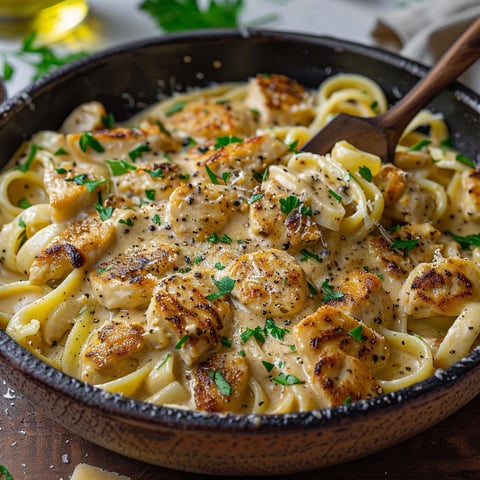 A bowl of chicken and noodles.