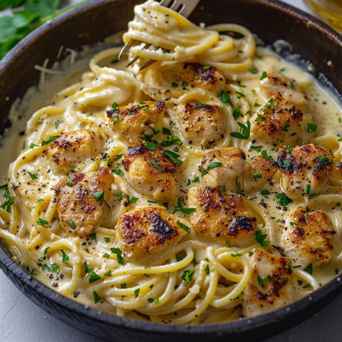 A bowl of pasta with chicken and sauce.