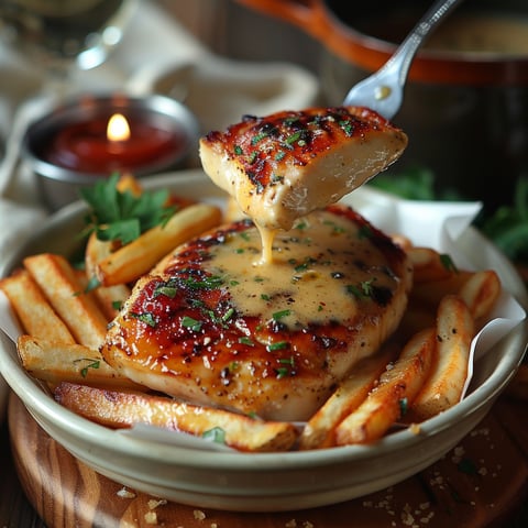 A plate of chicken with sauce and fries.