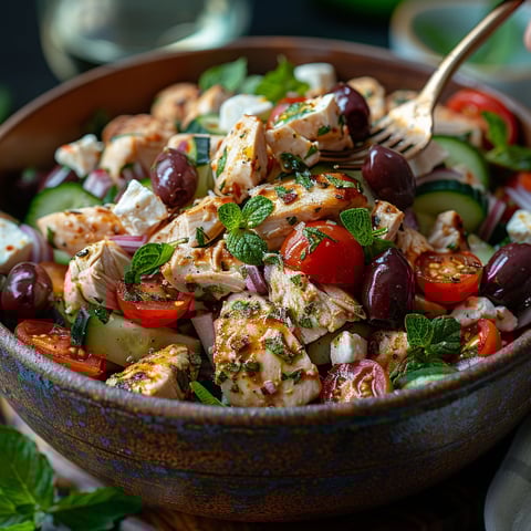 Salade de poulet grecque rafraîchissante.