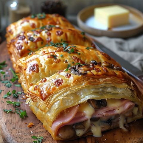 Feuilleté champignons jambon fondant.
