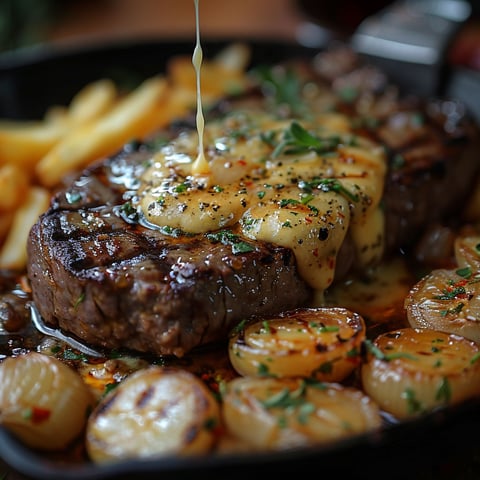 Steak parisien au fromage fondu.