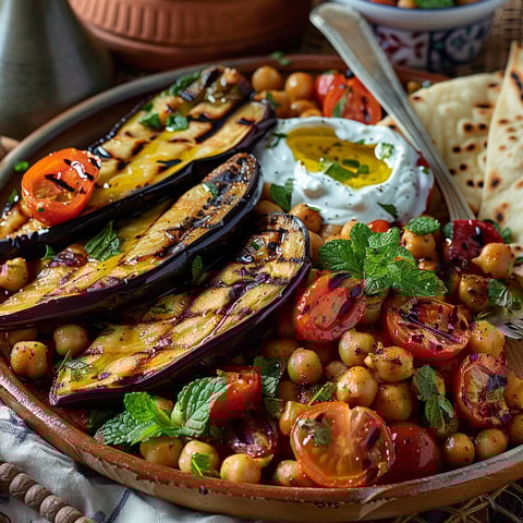A plate of grilled aubergines with tomatoes and mint.