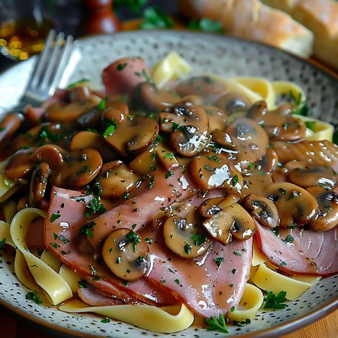 Jambon sauce madere champignons.