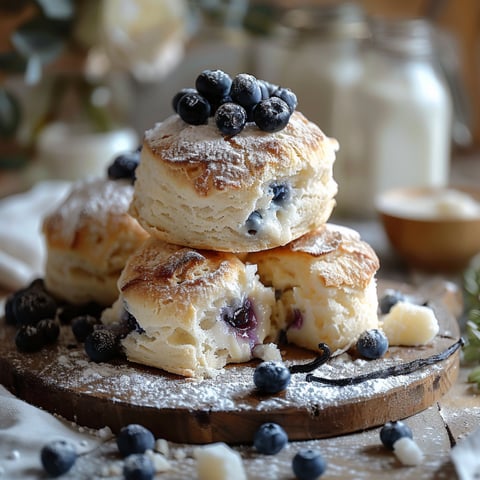 Biscuits nuageux avec fromage et myrtilles.