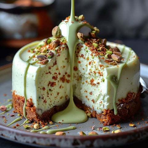 A slice of cheesecake with pistachio garnish.