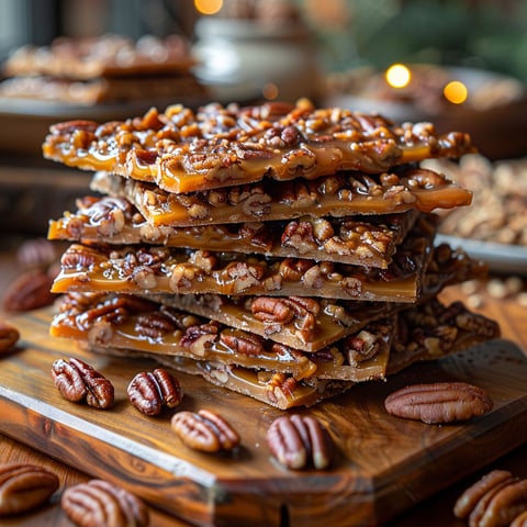 A stack of pecan bars on a wooden table.