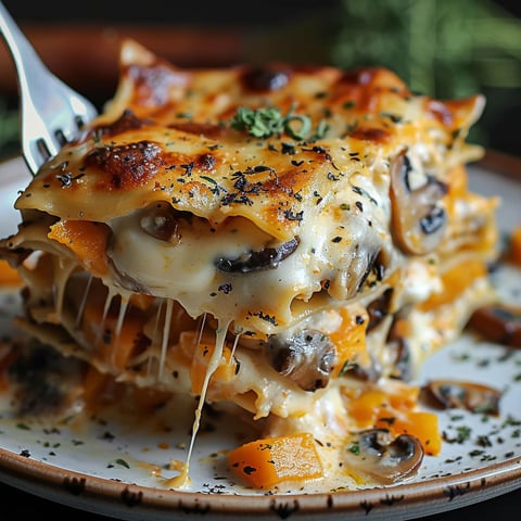 A close up of a lasagna with mushrooms and butternut squash.