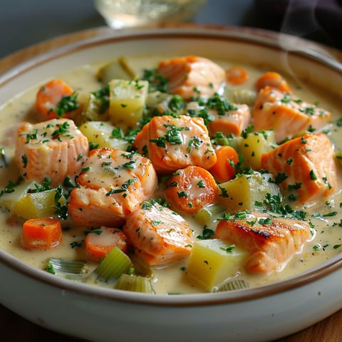 A bowl of food with salmon, carrots, and potatoes.