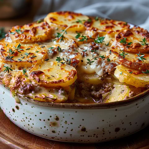 A dish of Gratin Campagnard Viande Pommes.