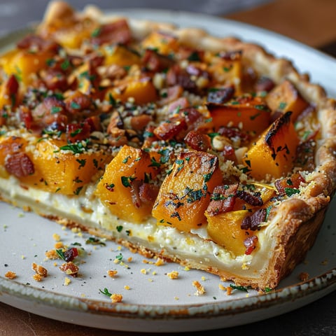 A slice of tarte automne courge chèvre lardons.
