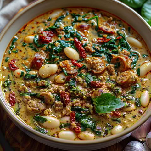 A bowl of food with meat and beans.