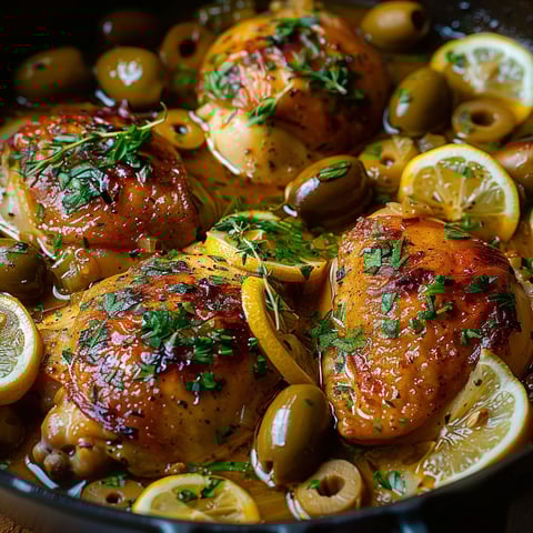 A pan of chicken with lemon, olives, and herbs.