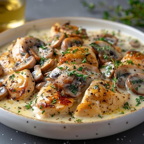 A plate of chicken with mushrooms and herbs.