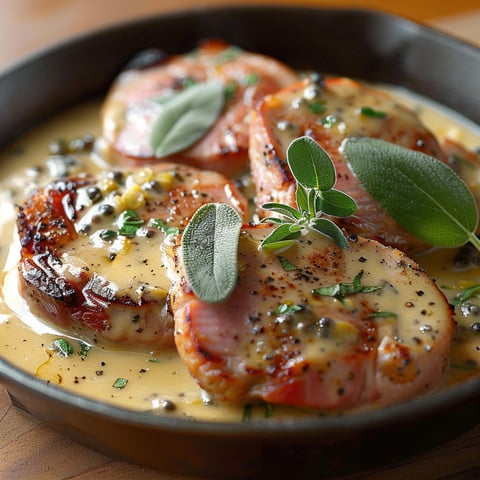 A plate of meat with a creamy sauce.