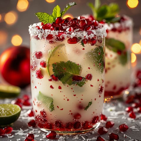 A glass of mojito with red fruit on top.
